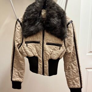 Y2K Mudd Cream Quilted Bomber Jacket with Brown Fur Collar